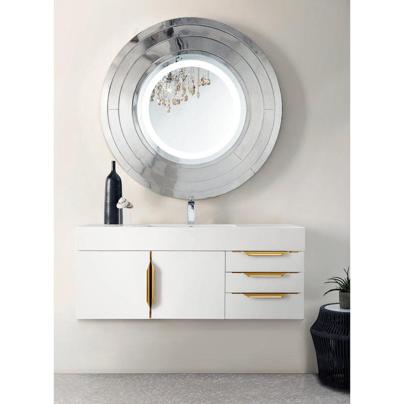 48" Mercer Island Single Bathroom Vanity, Glossy White w/ Radiant Gold and Glossy White Composite Stone Top