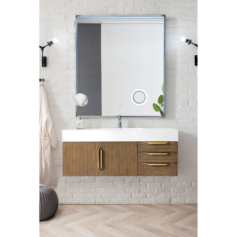 48" Mercer Island Single Bathroom Vanity, Latte Oak w/ Radiant Gold and Glossy White Composite Stone Top
