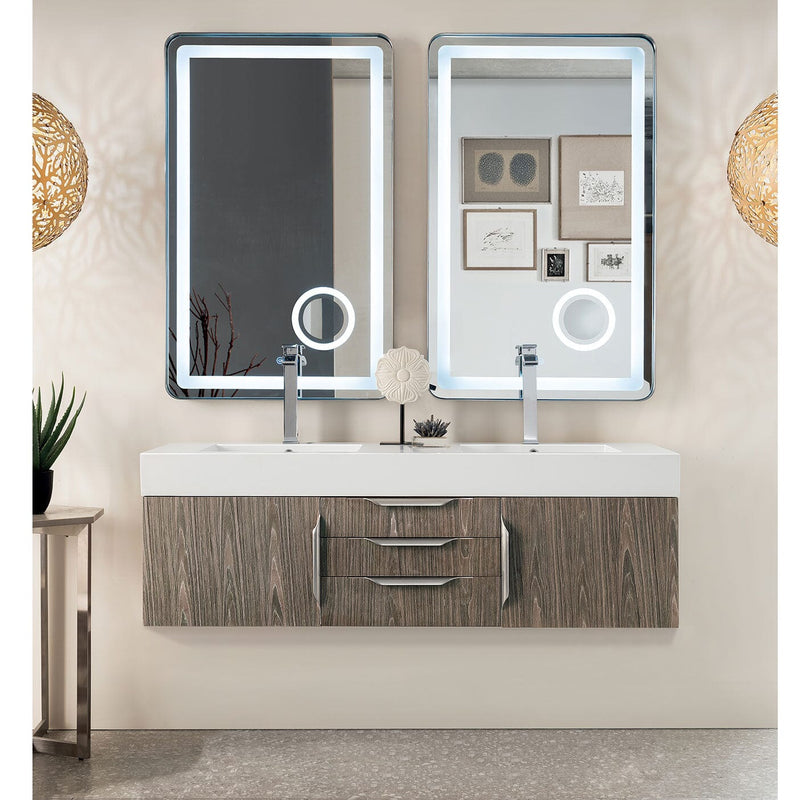 59" Mercer Island Double Bathroom Vanity, Ash Gray and Glossy White Composite Stone Top