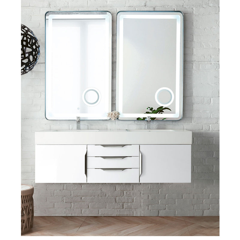 59" Mercer Island Double Bathroom Vanity, Glossy White and Glossy White Composite Stone Top