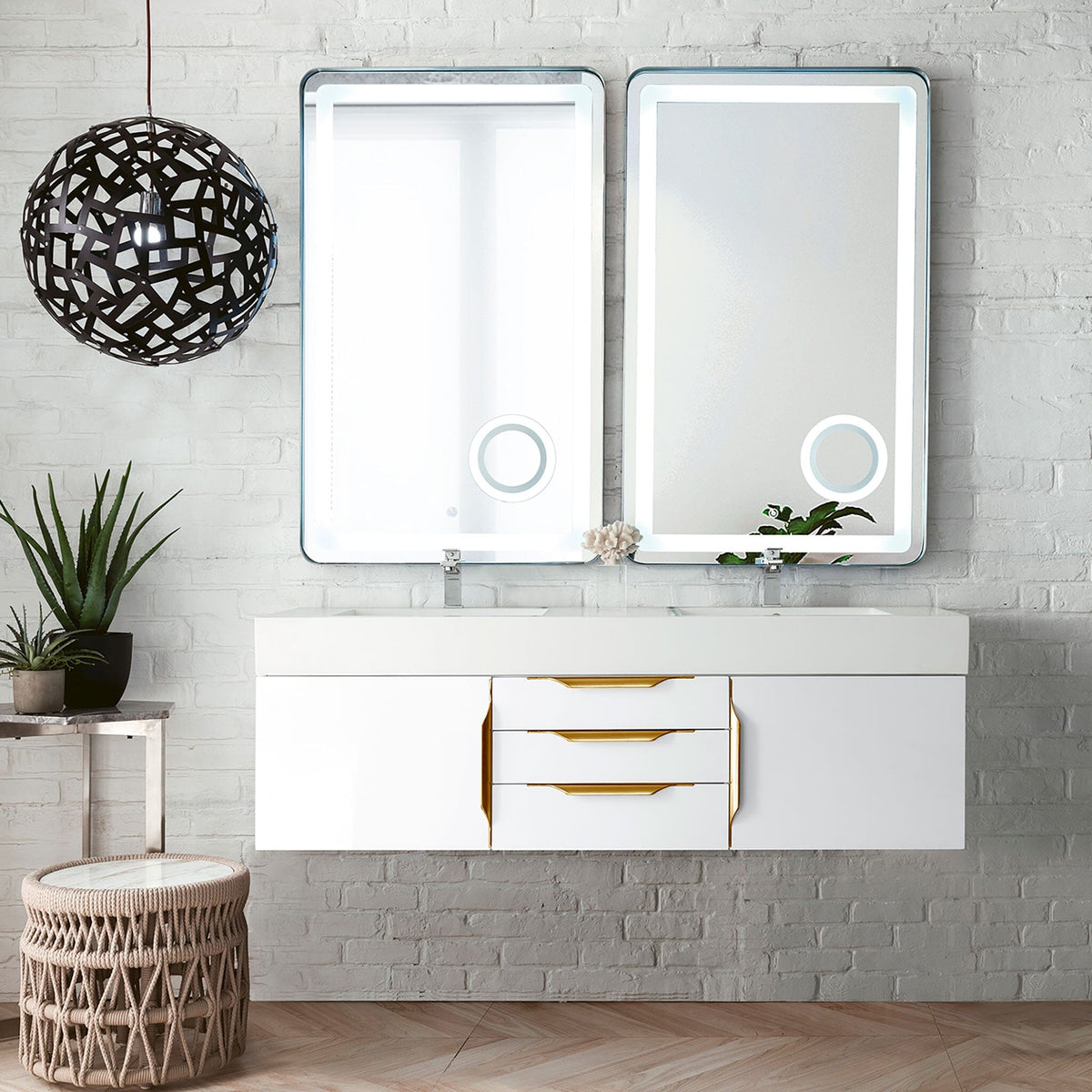 59" Mercer Island Double Bathroom Vanity, Glossy White w/ Radiant Gold