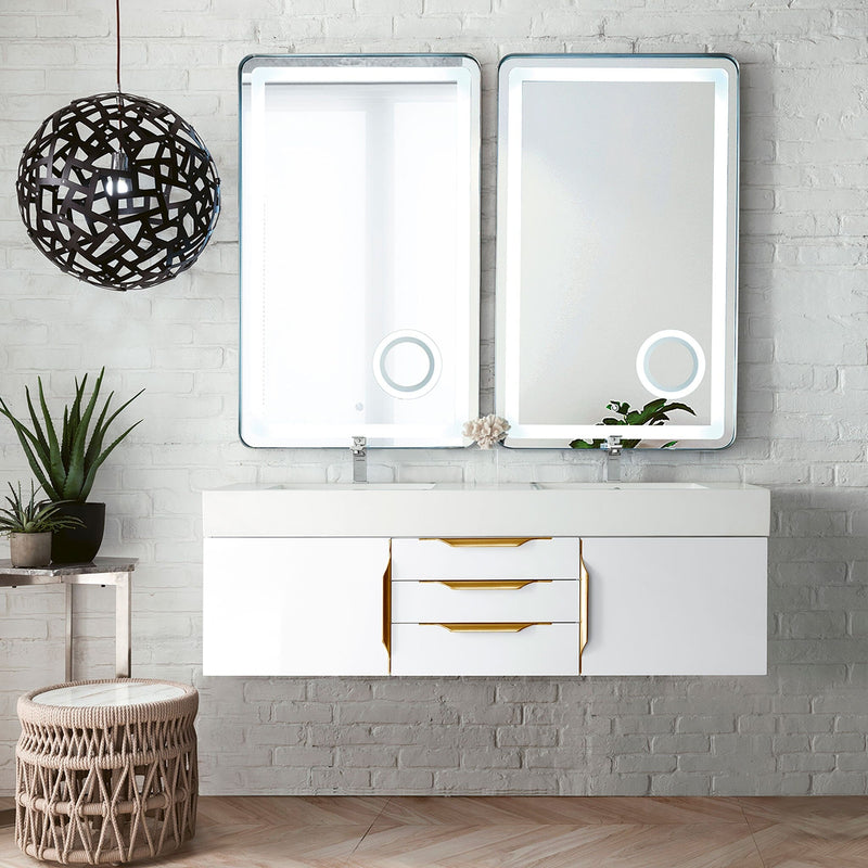 59" Mercer Island Double Bathroom Vanity, Glossy White w/ Radiant Gold and Glossy White Composite Stone Top
