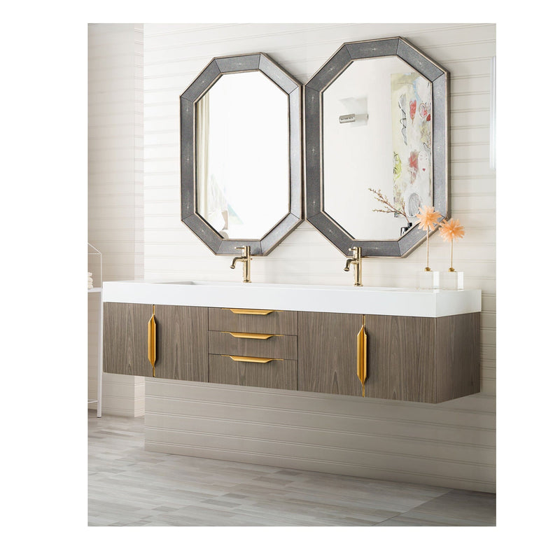 72" Mercer Island Double Bathroom Vanity, Ash Gray w/ Radiant Gold