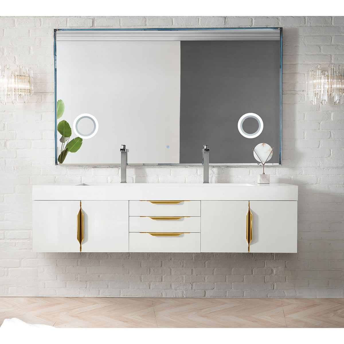 72" Mercer Island Double Bathroom Vanity, Glossy White w/ Radiant Gold