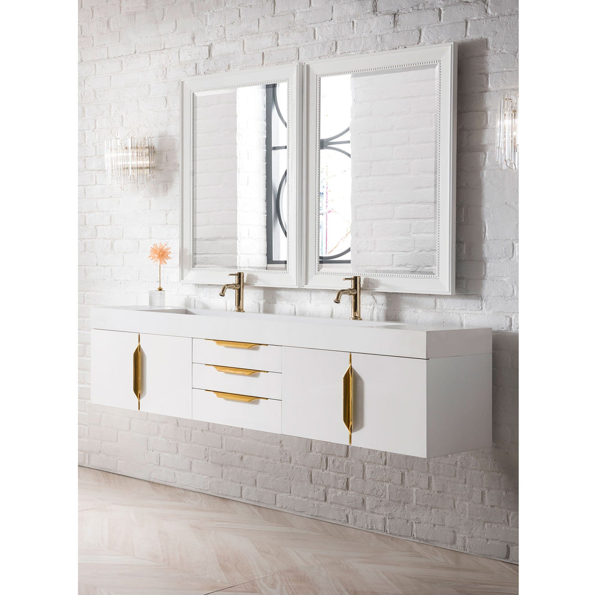 72" Mercer Island Double Bathroom Vanity, Glossy White w/ Radiant Gold