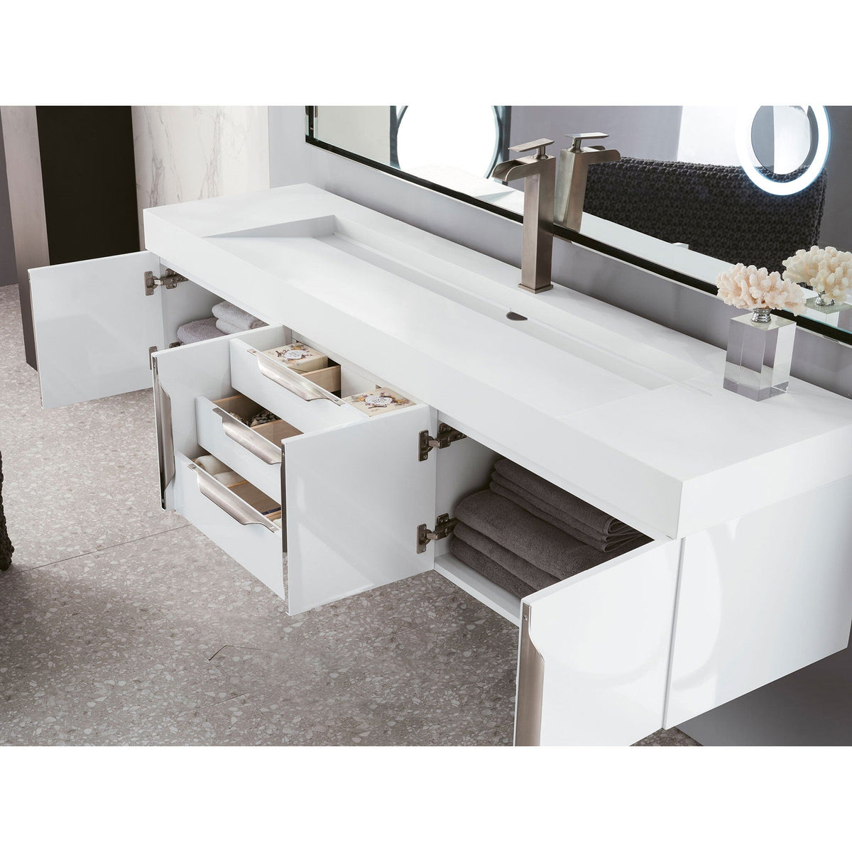 72" Mercer Island Single Bathroom Vanity, Glossy White and Glossy White Composite Stone Top