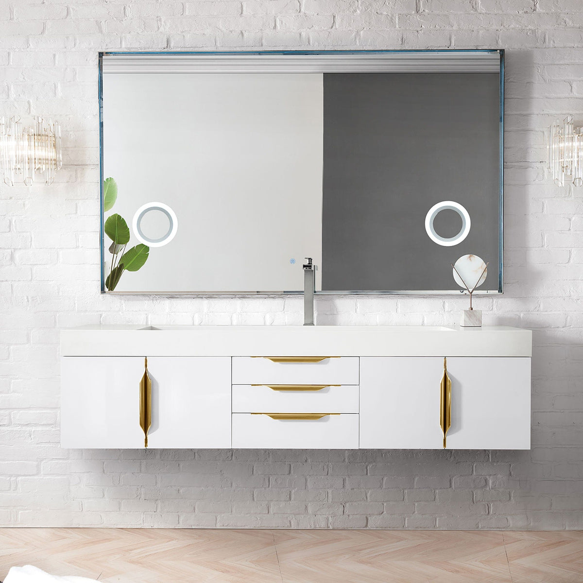 72" Mercer Island Single Bathroom Vanity, Glossy White, Radiant Gold