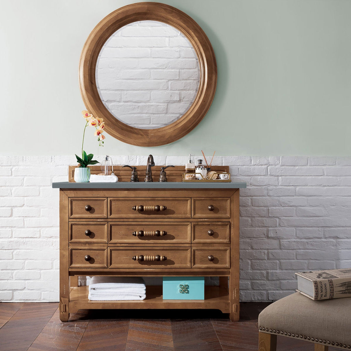 48" Malibu Single Bathroom Vanity, Honey Alder w/ Cala Blue Top