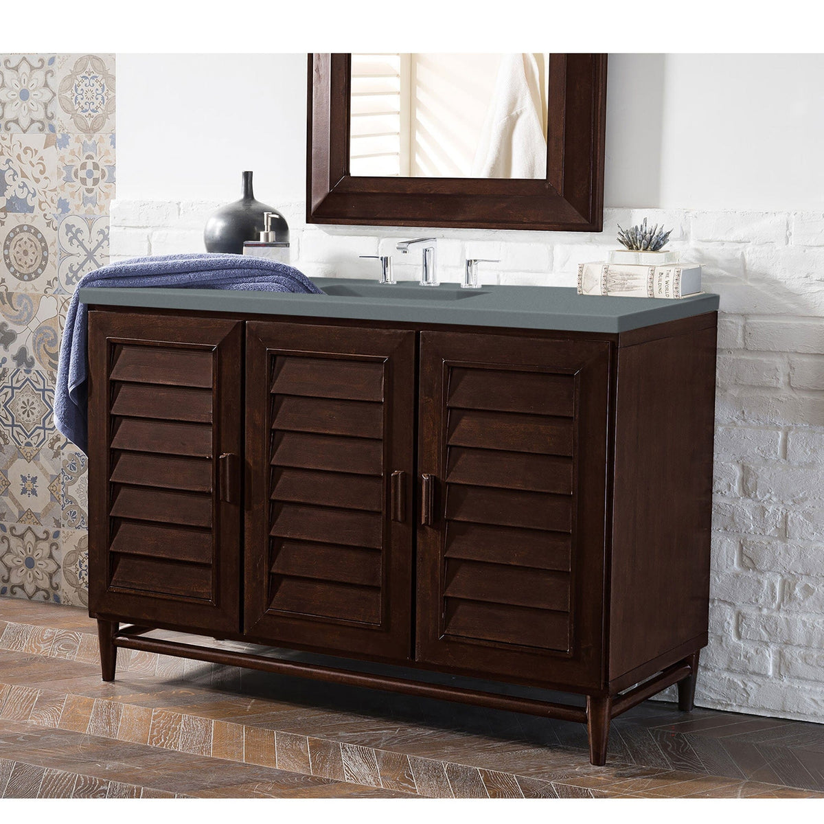 48" Portland Single Bathroom Vanity, Burnished Mahogany w/ Cala Blue Top