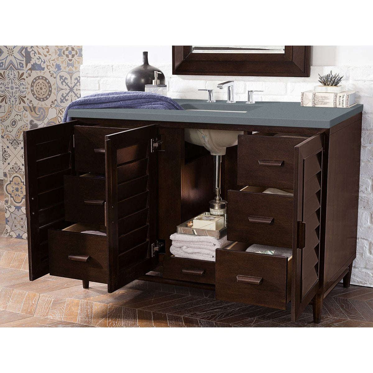 48" Portland Single Bathroom Vanity, Burnished Mahogany w/ Cala Blue Top