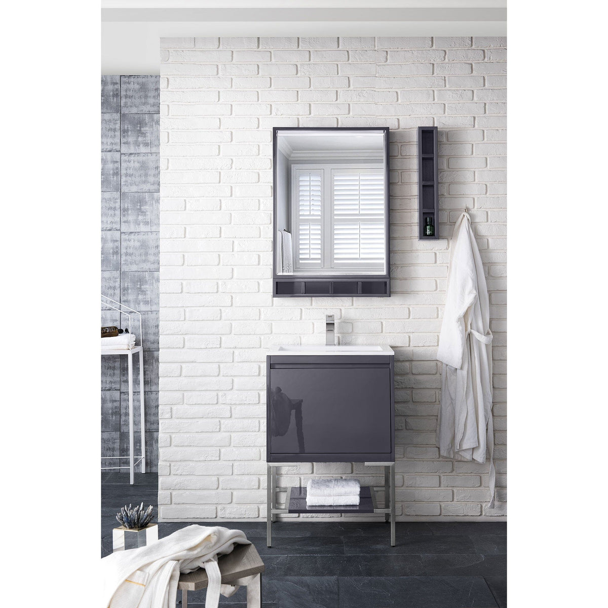 23.6" Milan Single Bathroom Vanity, Modern Gray Glossy w/ Brushed Nickel Base