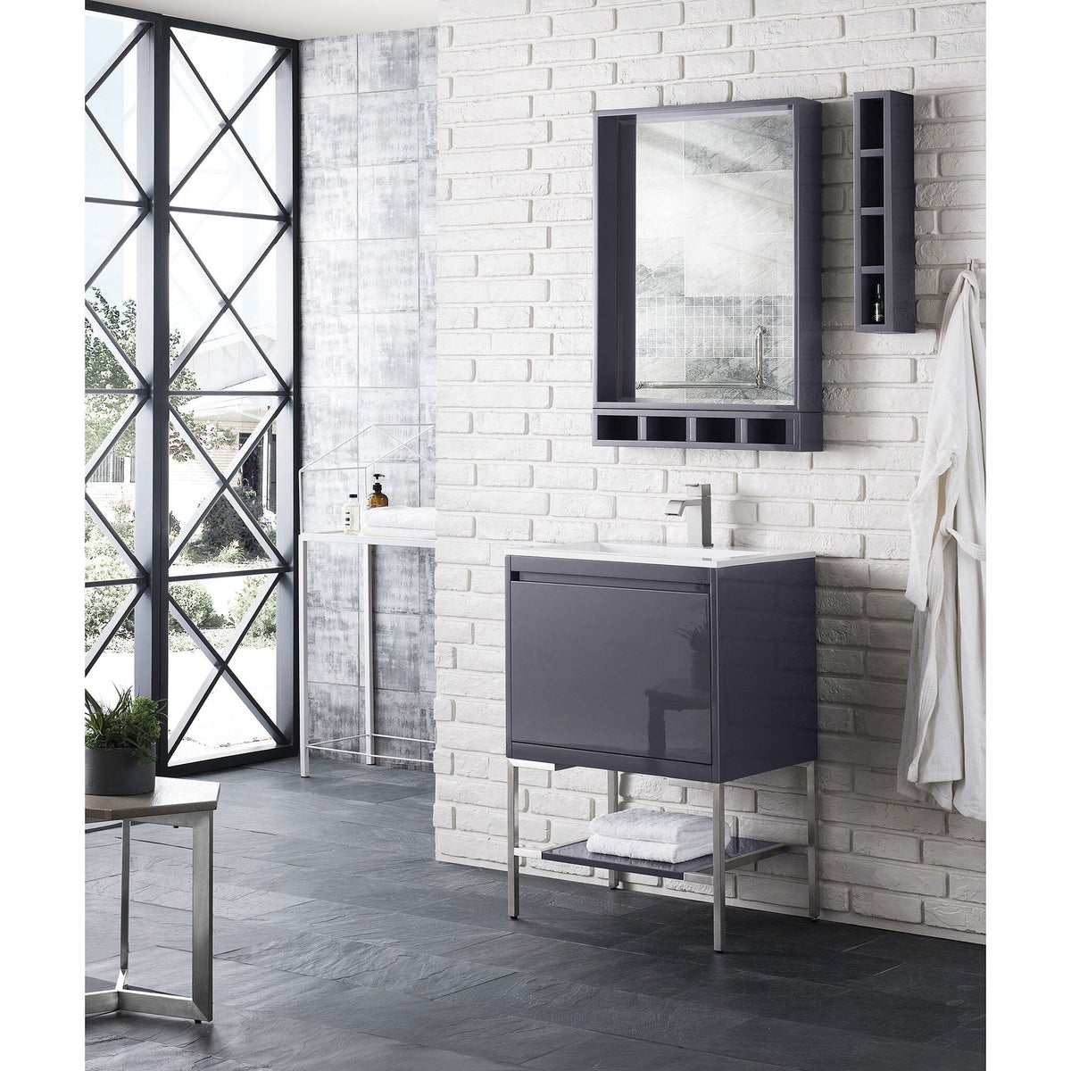 23.6" Milan Single Bathroom Vanity, Modern Gray Glossy w/ Brushed Nickel Base