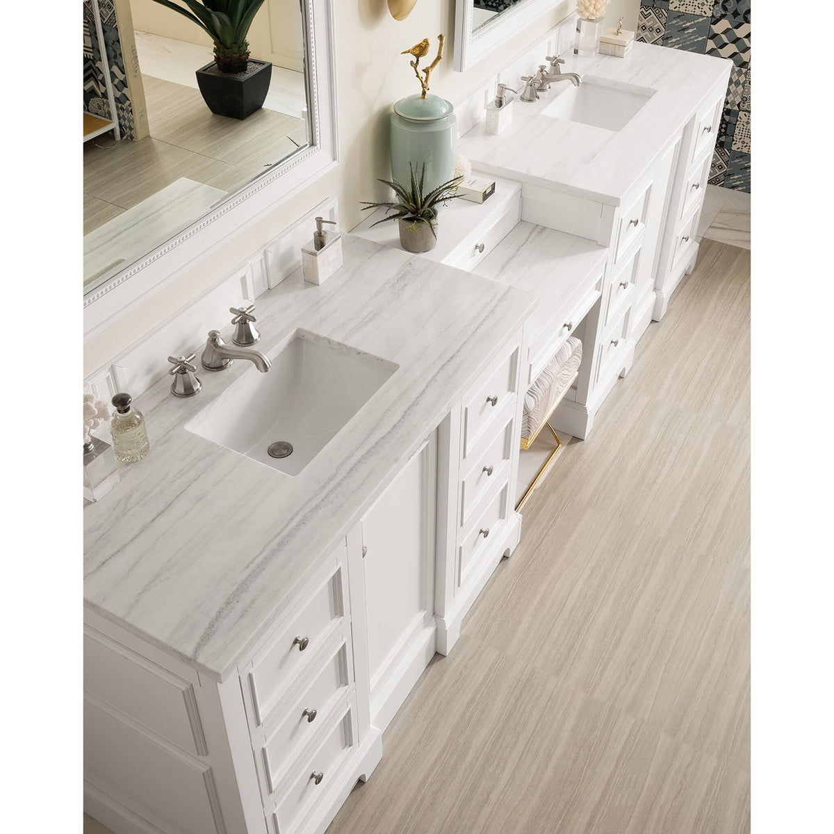 118" De Soto Double Bathroom Vanity with Makeup Counter, Bright White - vanitiesdepot.com