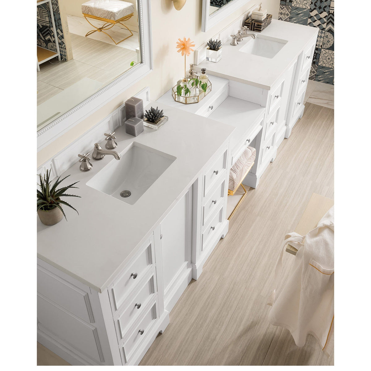 118" De Soto Double Bathroom Vanity with Makeup Counter, Bright White - vanitiesdepot.com