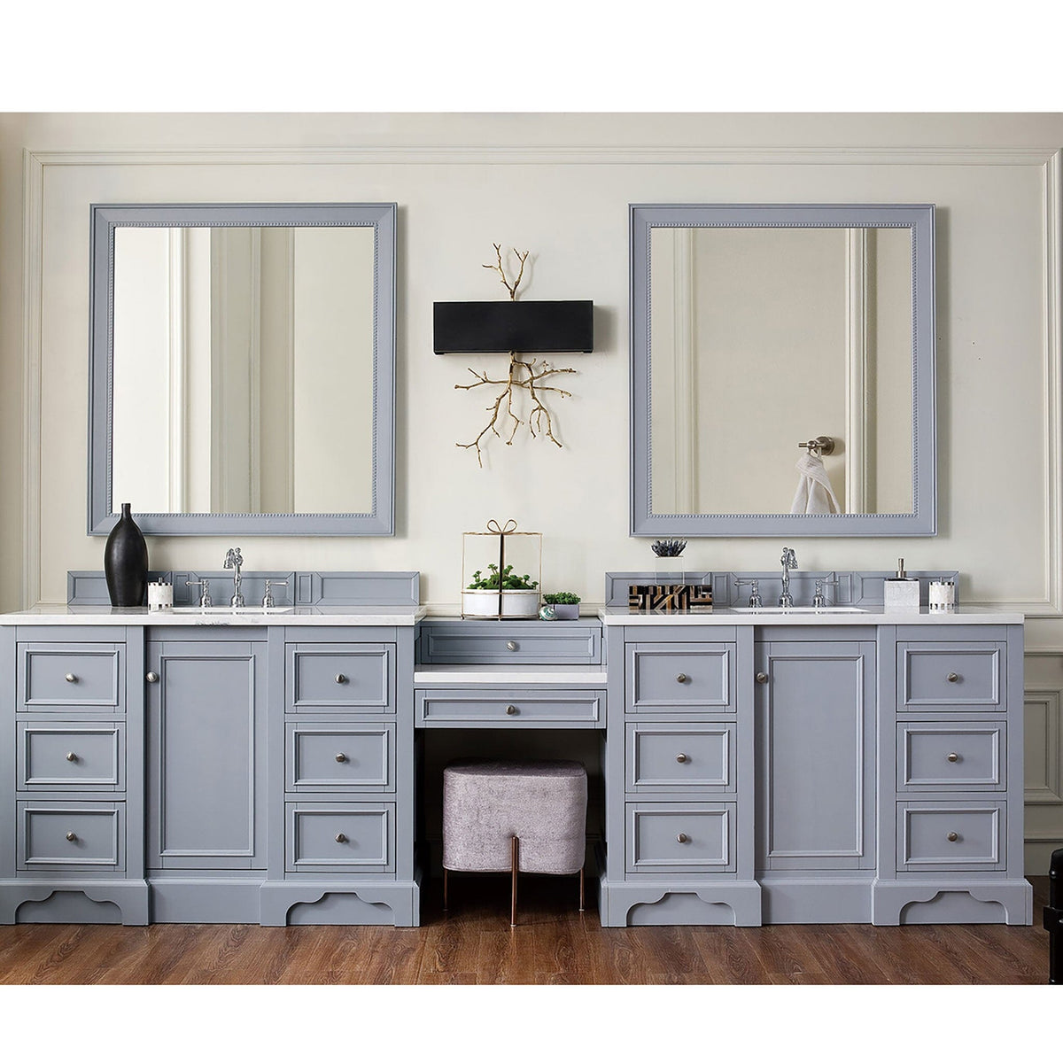 118" De Soto Double Bathroom Vanity with Makeup Counter, Silver Gray - vanitiesdepot.com