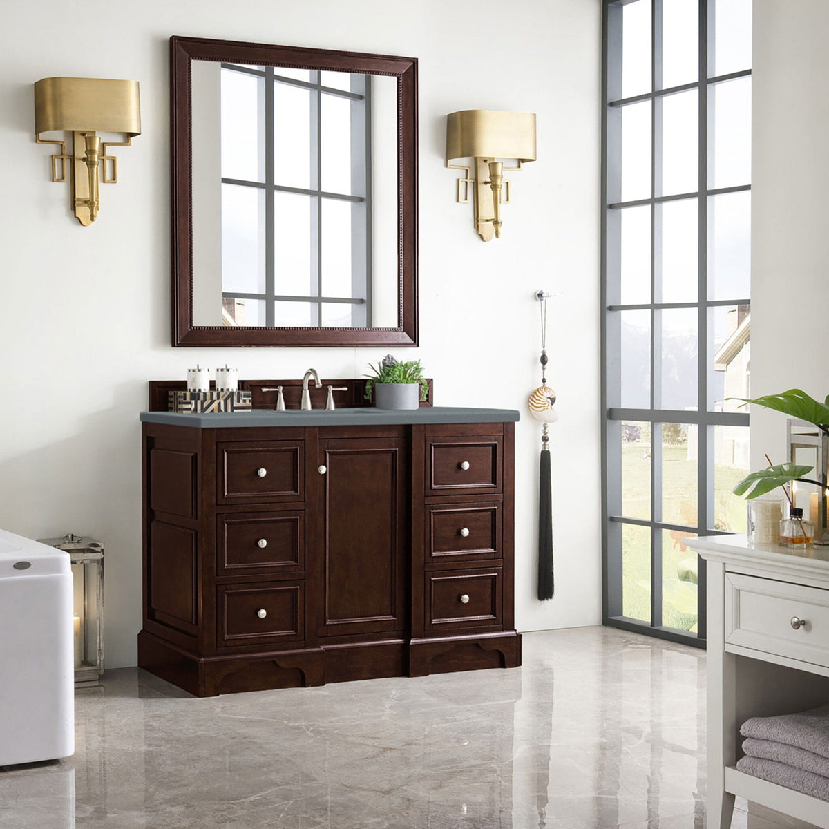 48" De Soto Single Bathroom Vanity, Burnished Mahogany w/ Cala Blue Top