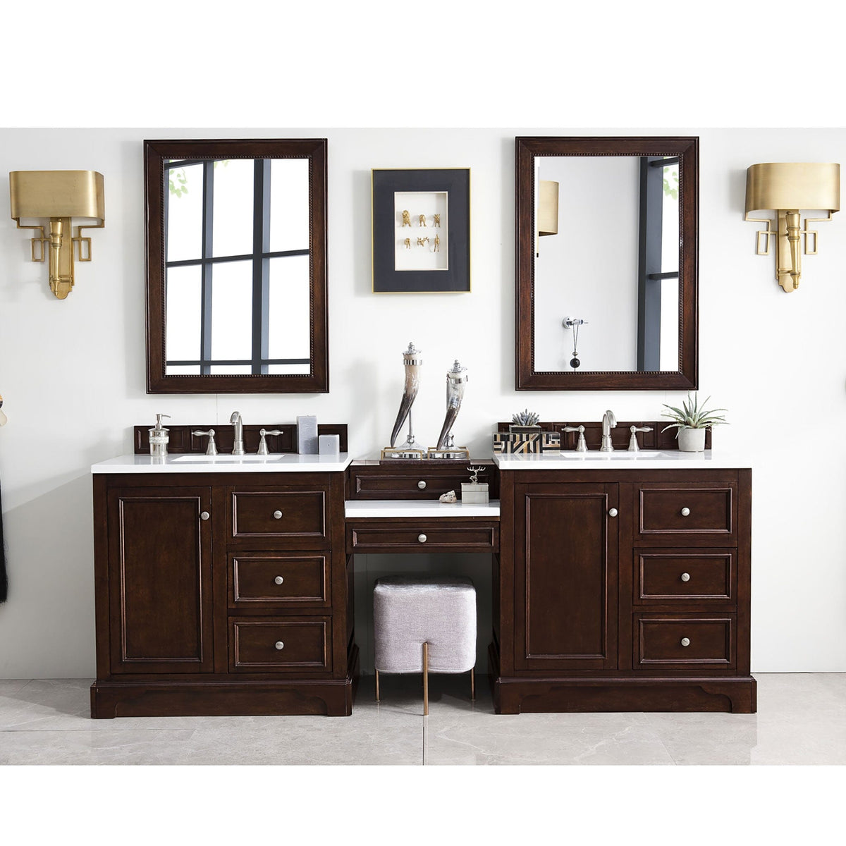 94" De Soto Double Bathroom Vanity with Makeup Counter, Burnished Mahogany - vanitiesdepot.com