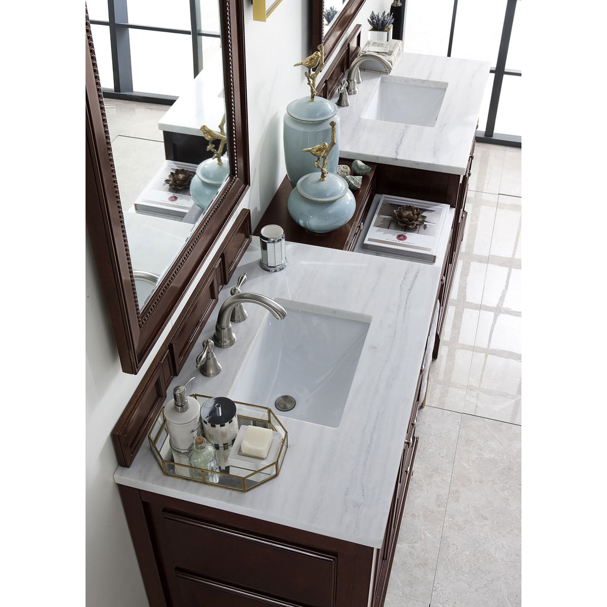 94" De Soto Double Bathroom Vanity with Makeup Counter, Burnished Mahogany - vanitiesdepot.com