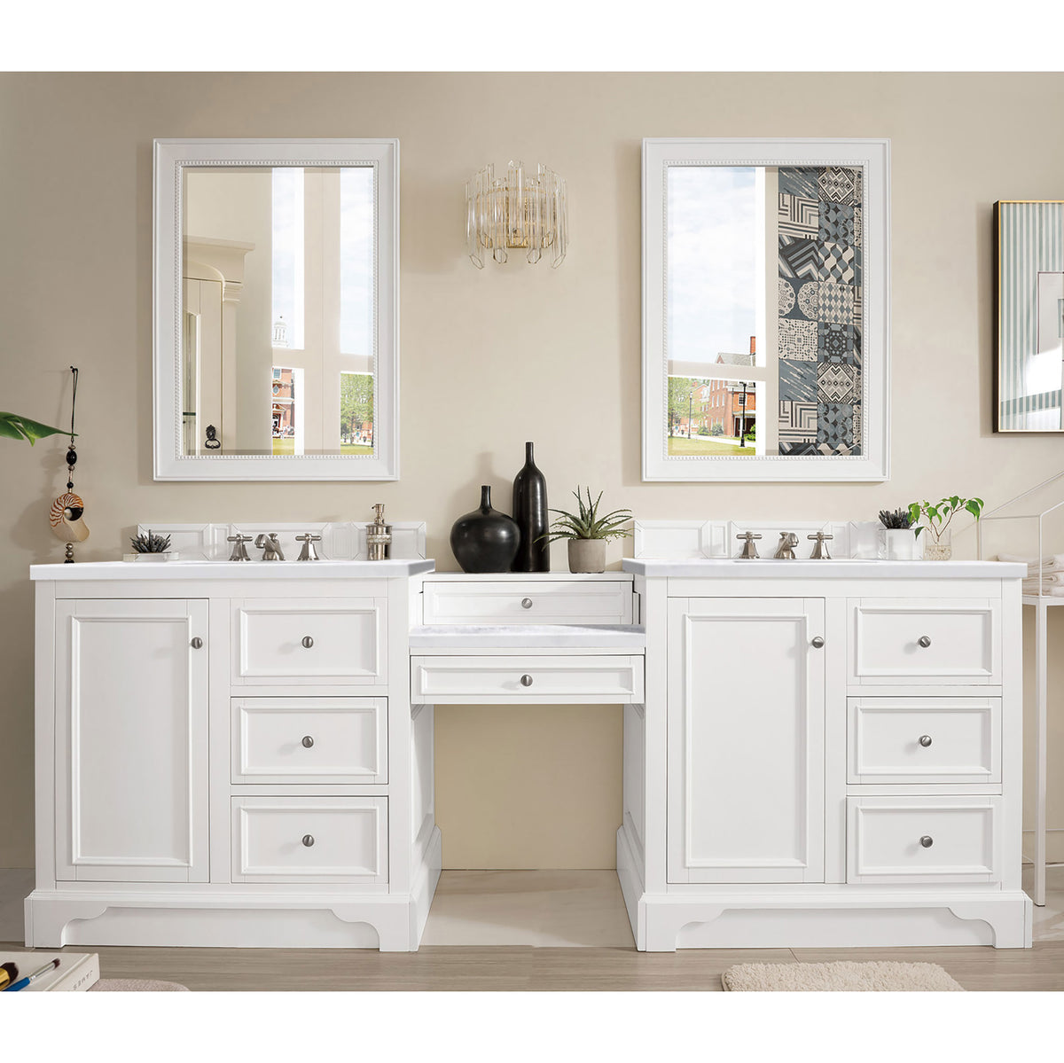 94" De Soto Double Bathroom Vanity with Makeup Counter, Bright White - vanitiesdepot.com