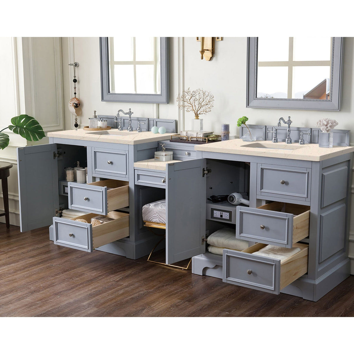 94" De Soto Double Bathroom Vanity with Makeup Counter, Silver Gray with Eternal Marfil Quartz