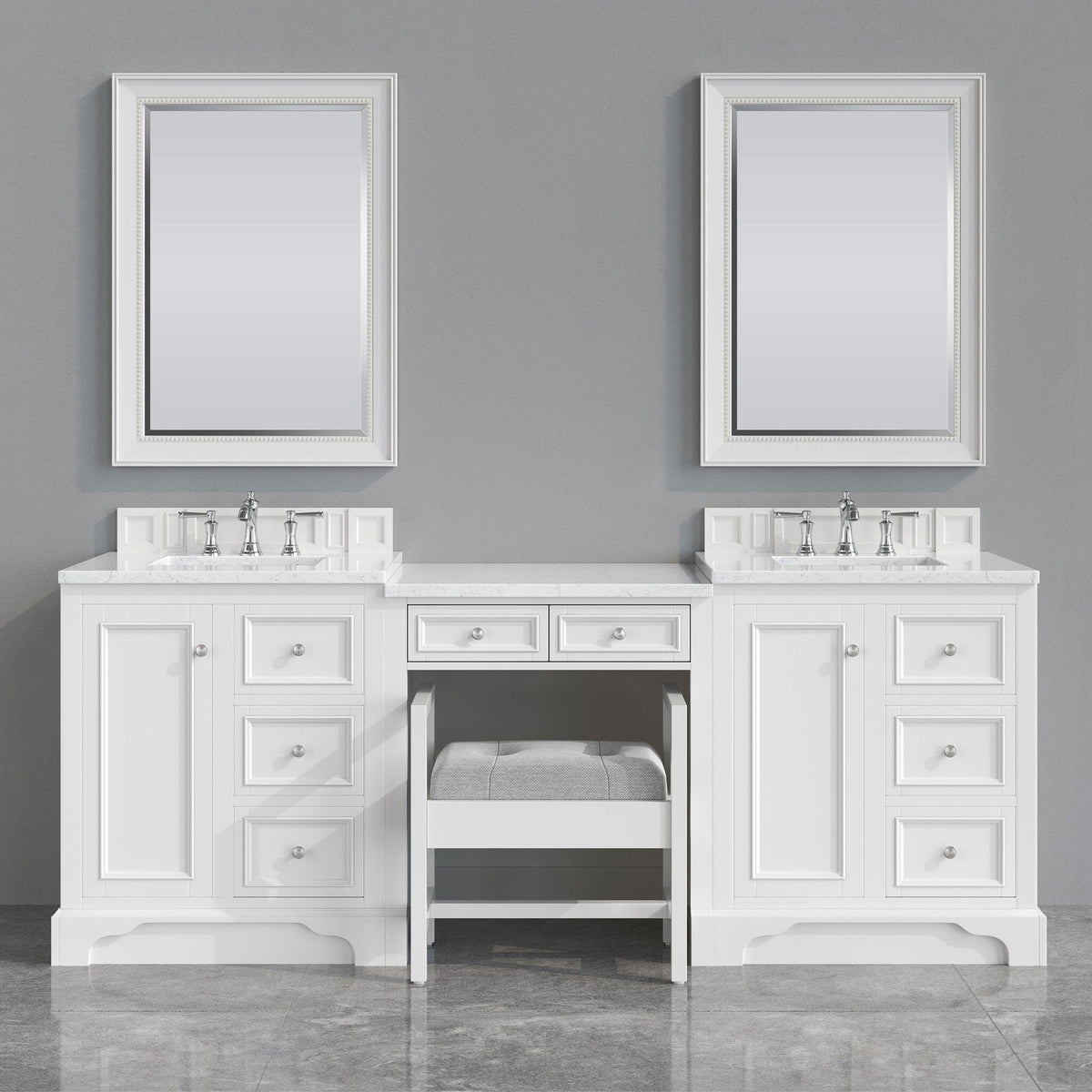 90" De Soto Bright White Double Sink Bathroom Vanity Deluxe Set with 3 cm Eternal Jasmine Pearl Quartz Top