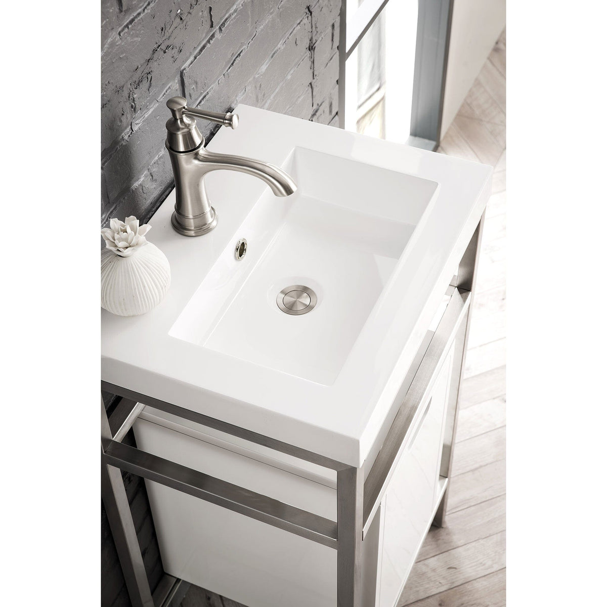 20" Boston Single Sink Console, Brushed Nickel w/ Storage Cabinet, White Glossy Resin Countertop