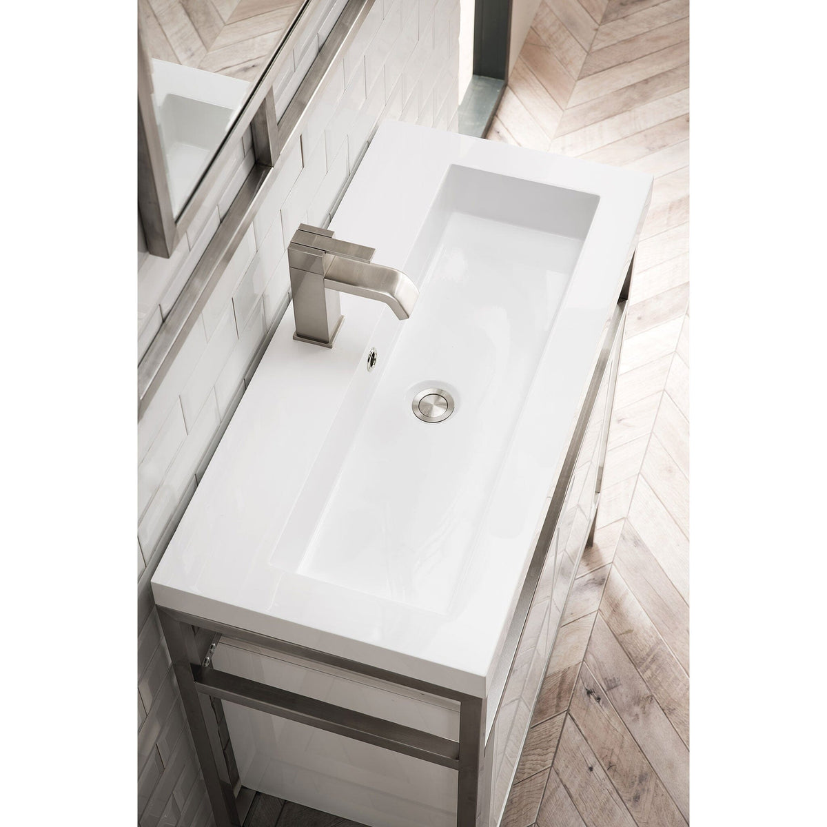 31.5" Boston Single Sink Console, Brushed Nickel w/ Storage Cabinet, White Glossy Resin Countertop