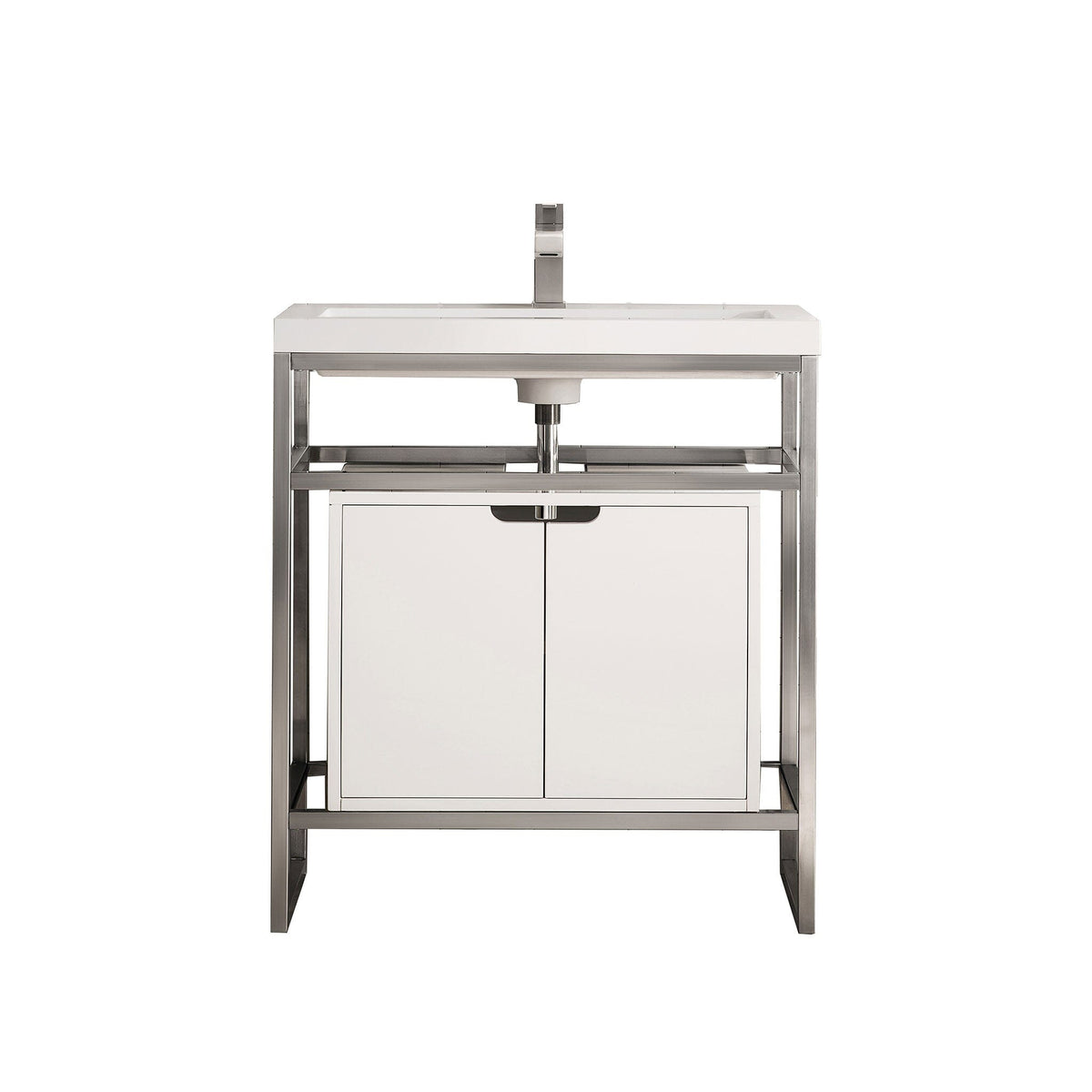 31.5" Boston Single Sink Console, Brushed Nickel w/ Storage Cabinet, White Glossy Resin Countertop