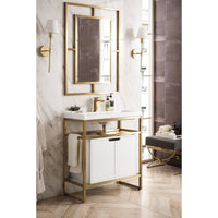 31.5" Boston Single Sink Console, Radiant Gold w/ Glossy White Storage Cabinet, White Glossy Resin Countertop