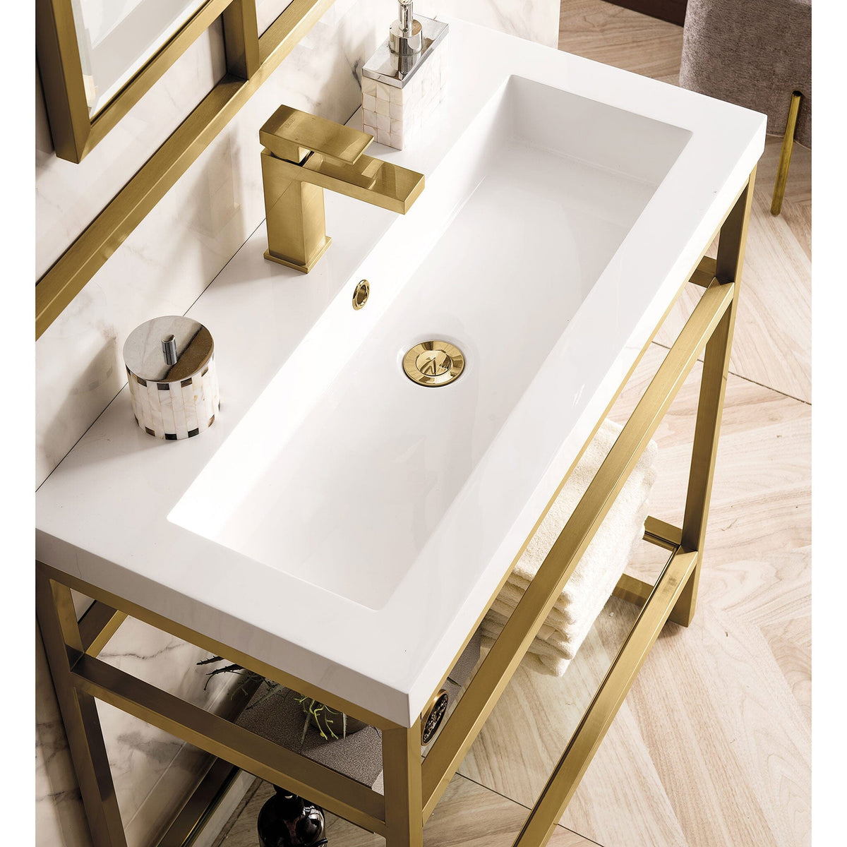 31.5" Boston Single Sink Console, Radiant Gold w/ Glossy White Storage Cabinet, White Glossy Resin Countertop