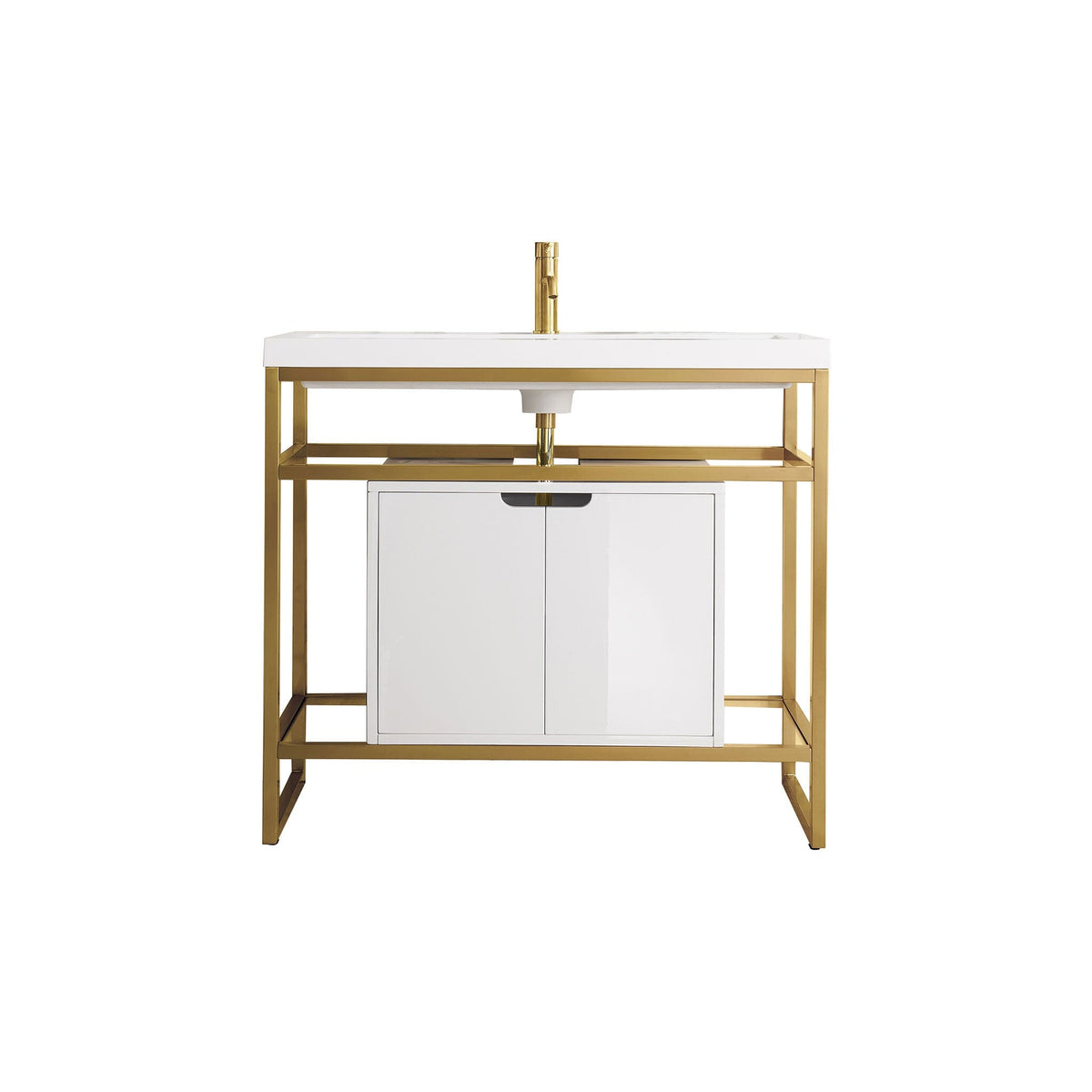 39.5" Boston Single Sink Console, Radiant Gold w/ Glossy White Storage Cabinet, White Glossy Resin Countertop