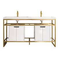 63" Boston Double Sink Console, Radiant Gold w/ Glossy White Storage Cabinet