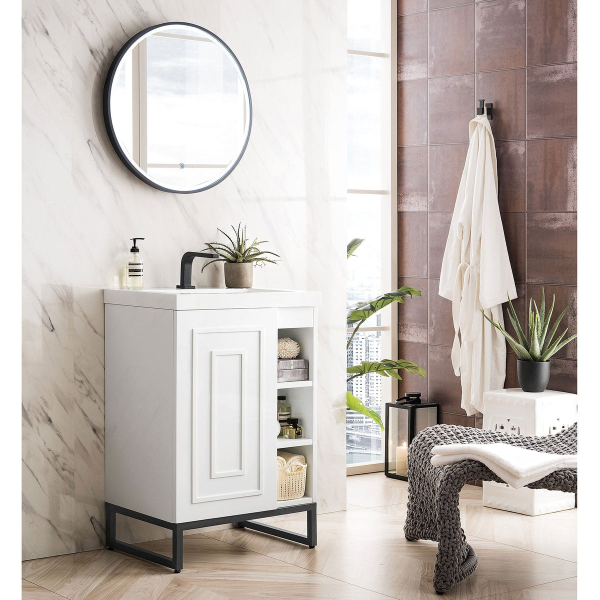 24" Alicante' Single Bathroom Vanity, Glossy White, Matte Black Base