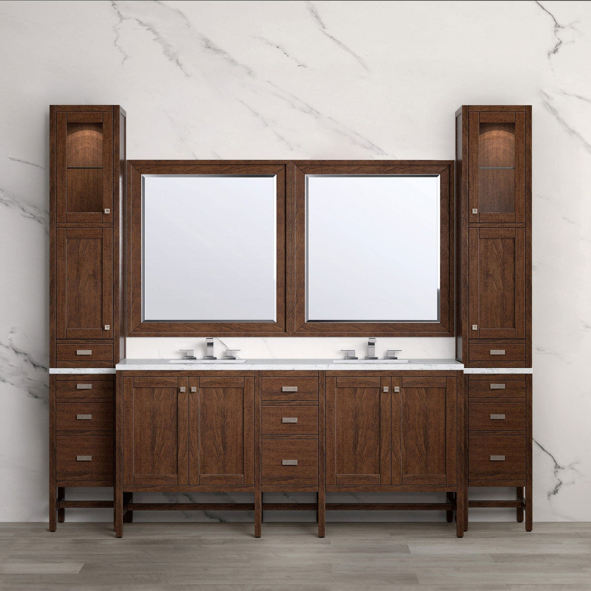 102" Addison Mid-Century Acacia Double Sink Bathroom Vanity Suite with 3 cm Eternal Jasmine Pearl Quartz Top