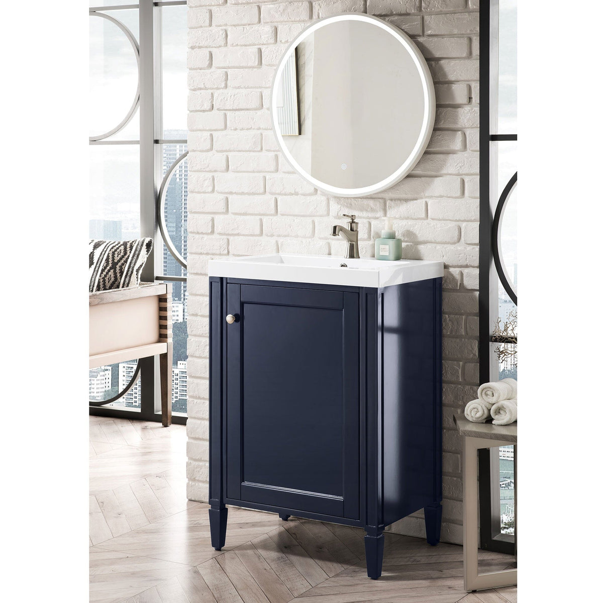24" Britannia Single Vanity Cabinet, Navy Blue w/ White Glossy Resin Countertop