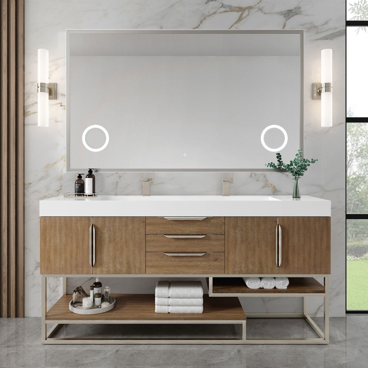 72" Columbia Double Bathroom Vanity, Latte Oak w/ Brushed Nickel Base - vanitiesdepot.com
