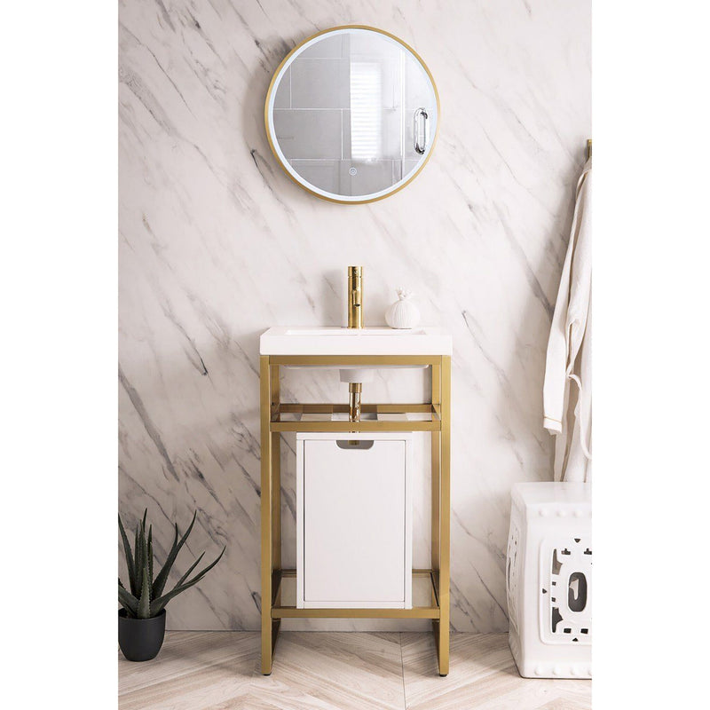 20" Boston Single Sink Console, Radiant Gold w/ Glossy White Storage Cabinet, White Glossy Resin Countertop