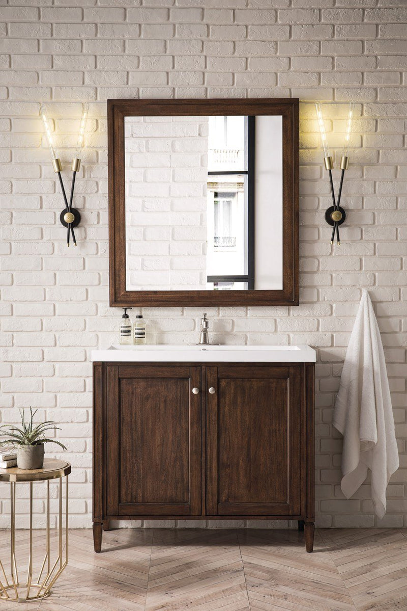 39.5" Britannia Single Vanity Cabinet, Mid Century Acacia w/ White Glossy Resin Countertop