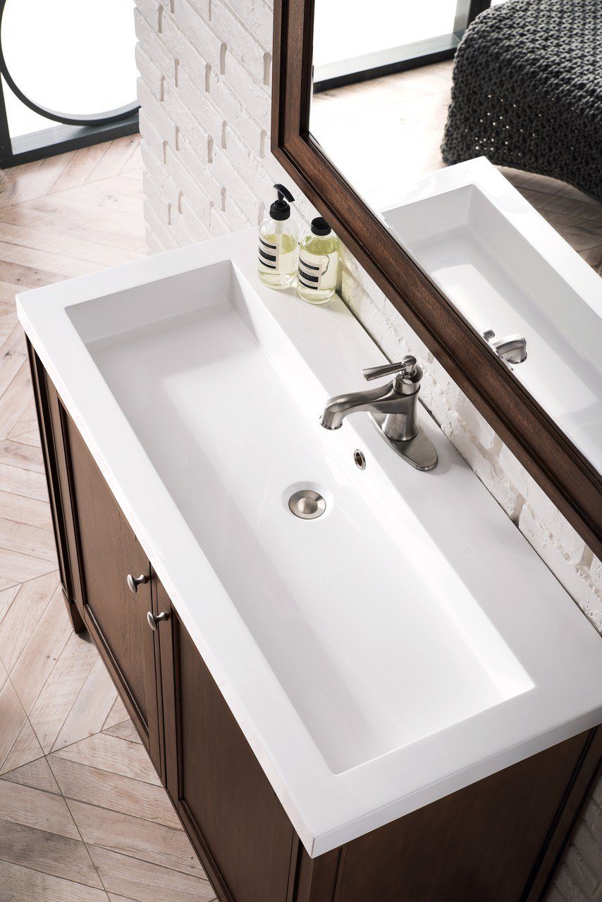 39.5" Britannia Single Vanity Cabinet, Mid Century Acacia w/ White Glossy Resin Countertop